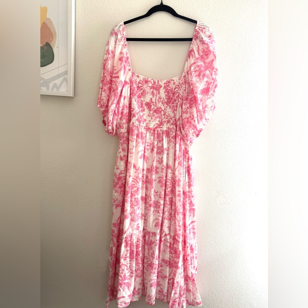 Lauren Conrad Pink Tropical Smocked Midi Dress
